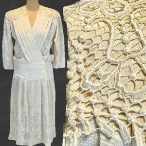 VINTAGE 80s tatted lace floral satin damask dress pleated wrap drop waist midi